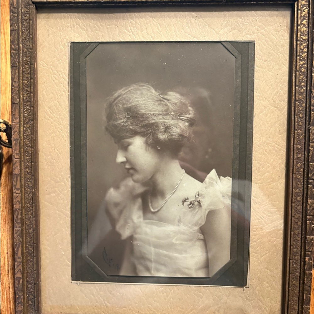 Vintage Framed Portrait of Woman in White Dress